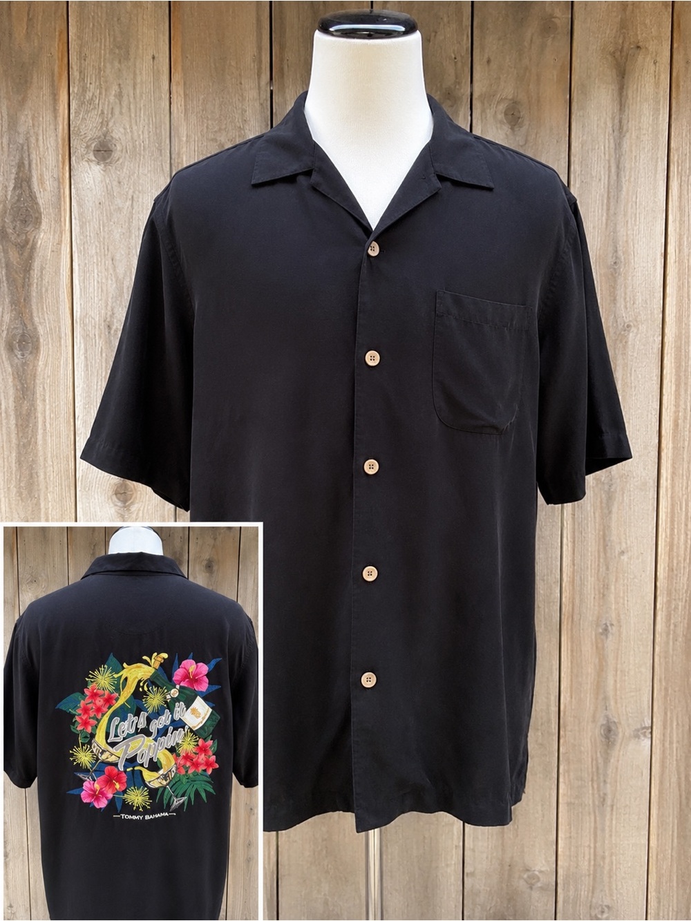 Tommy Bahama Let’s Get It Poppin Silk Camp Shirt Black Embroidered Tropical M